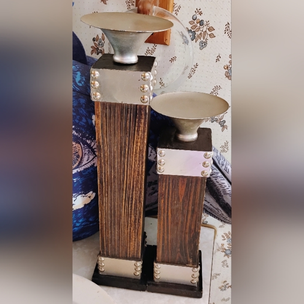 Modern Silver Tin & Brown Faux Wood Candle Holders